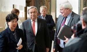 Emergency Relief Coordinator Stephen O’Brien (right), refugee agency chief António Guterres (centre) and Director-General of WHO Margaret Chan (left) arrive for the launch of the Global Humanitarian Appeal 2016 to support people affected by disasters and conflicts.