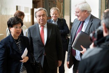 Emergency Relief Coordinator Stephen O’Brien (right), refugee agency chief António Guterres (centre) and Director-General of WHO Margaret Chan (left) arrive for the launch of the Global Humanitarian Appeal 2016 to support people affected by disasters and 