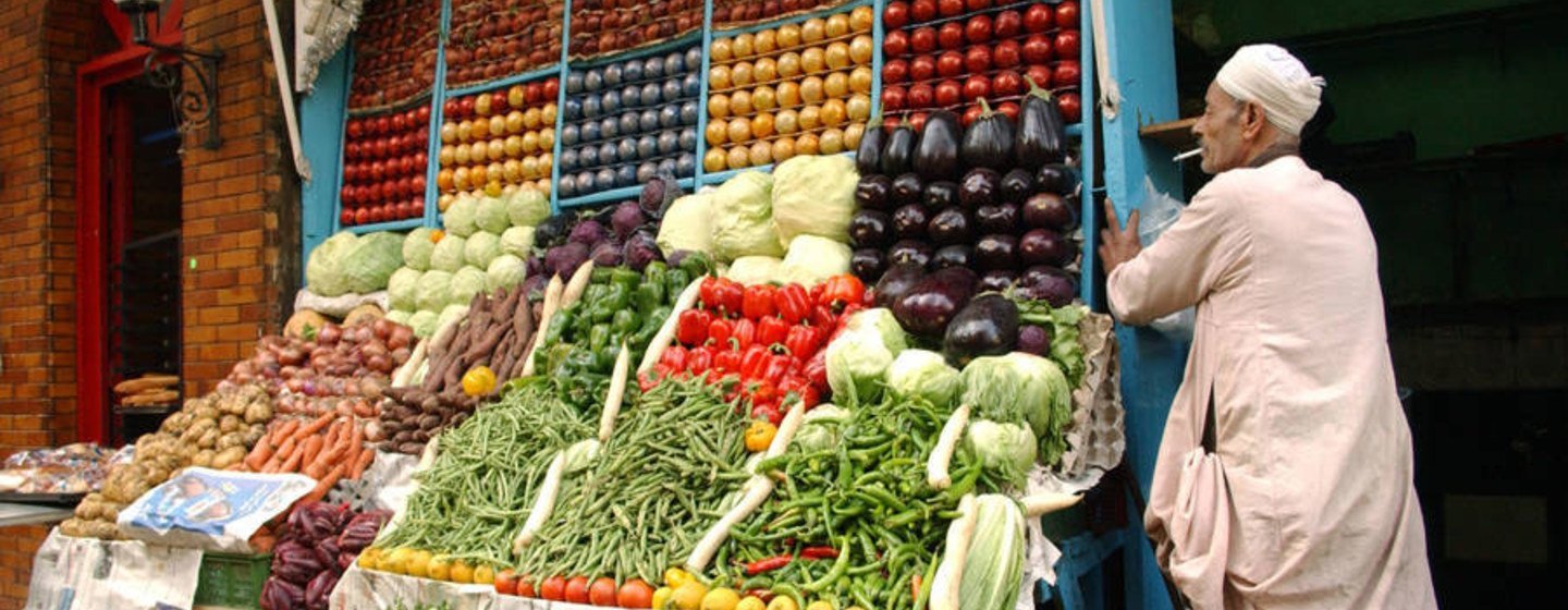 الفواكه والخضروات الطازجة تباع في شارع في الجيزة، مصر