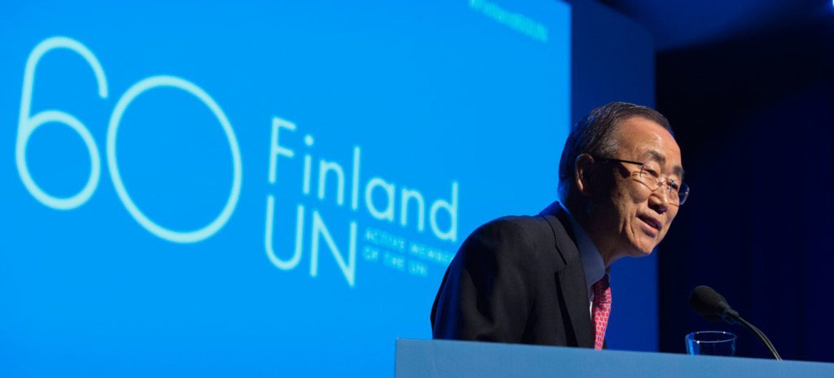 Secretary-General Ban Ki-moon delivers the keynote address during the ceremony held at the Finlandia Hall to mark the 60th anniversary of Finland’s entry into the United Nations.