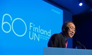 Secretary-General Ban Ki-moon delivers the keynote address during the ceremony held at the Finlandia Hall to mark the 60th anniversary of Finland’s entry into the United Nations.