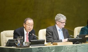 Secretary-General Ban Ki-moon (left) and General Assembly President Mogens Lykketoft at the WSIS+10 High-Level Meeting at UN Headquarters.