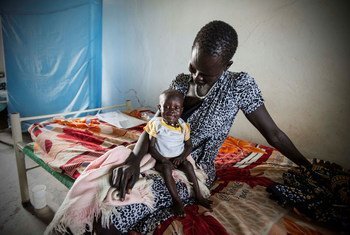 Ten-month-old Ayen in a UNICEF supported hospital in Bor, Jonglei State in South Sudan, with his mother. Ayen was treated for severe acute malnutrition.