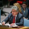 联合国主管政治事务的助理秘书长延恰（Miroslav Jenča）在安理会会议上发言。联合国图片/Rick Bajornas