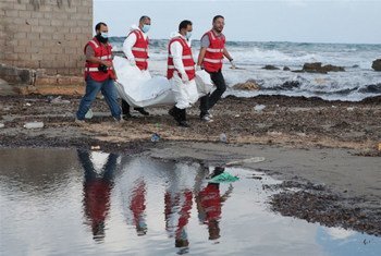 Tripoli Red Crescent teams salvage another body of a migrant, found floating in the sea water in Libya.