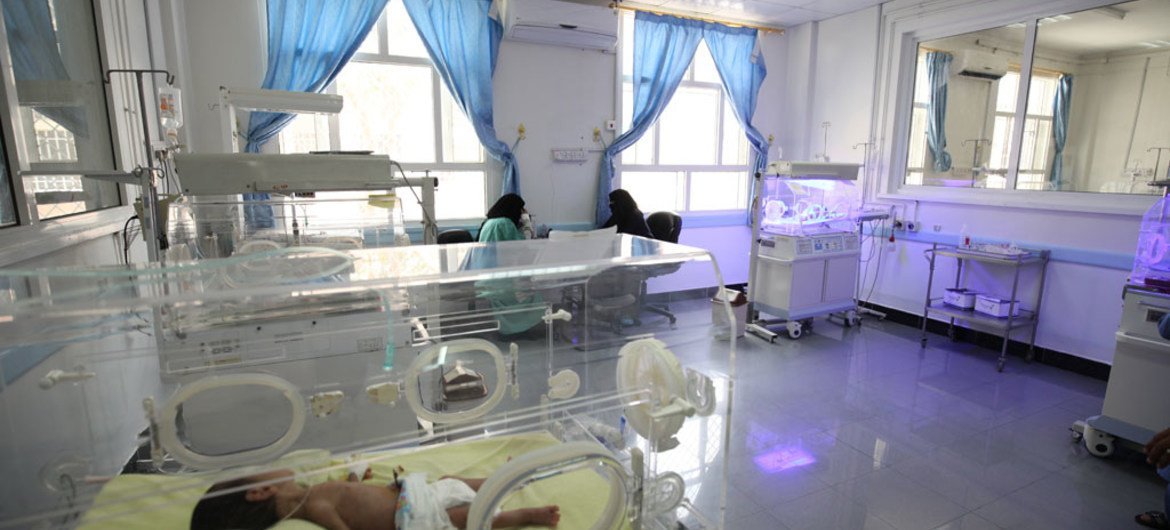 An infant in an incubator at Al-Sabeen Hospital in Sana’a. Intensive fighting and bombing has caused frequent power cuts, shortage of medicines and fuel paralyzing hospitals across Yemen.