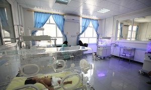 An infant in an incubator at Al-Sabeen Hospital in Sana’a. Intensive fighting and bombing has caused frequent power cuts, shortage of medicines and fuel paralyzing hospitals across Yemen.