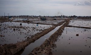 On 14 March 2011, tsunami damage extends to the horizon, in the city of Sendai, in Miyagi Prefecture, Japan.