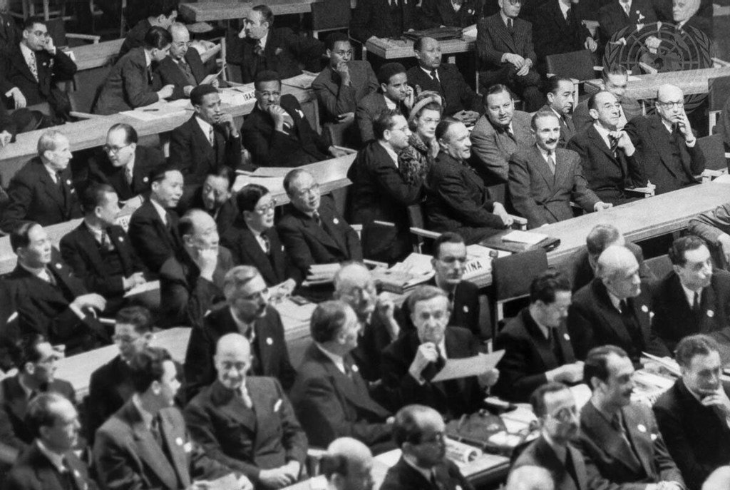 Délégations réunies pour la première séance de l'Assemblée générale des Nations Unies à Londres le 10 janvier 1946.
