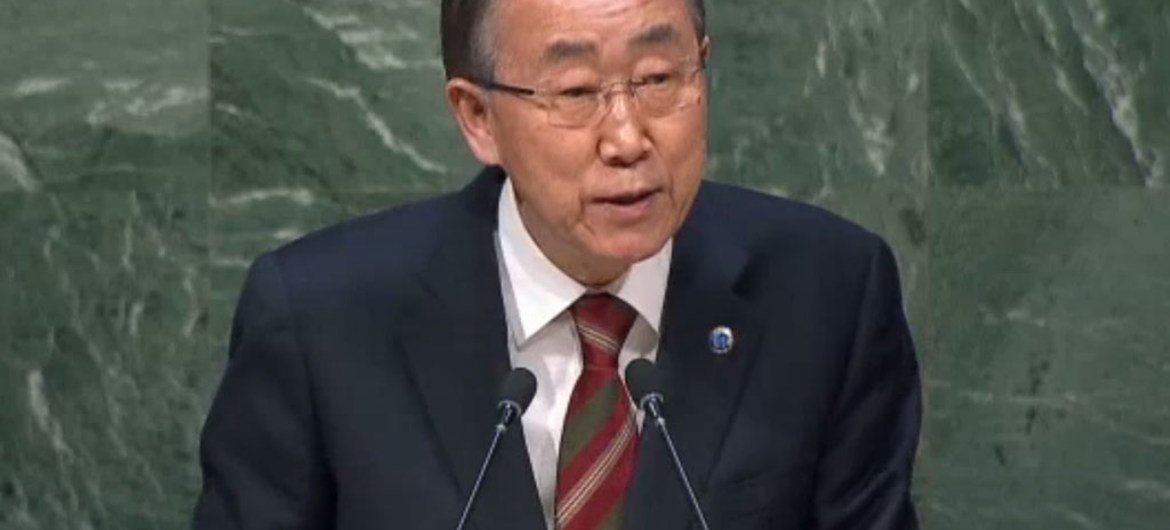 Le Secrétaire général Ban Ki-moon devant l'Assemblée générale des Nations Unies. Capture vidéo ONUTV