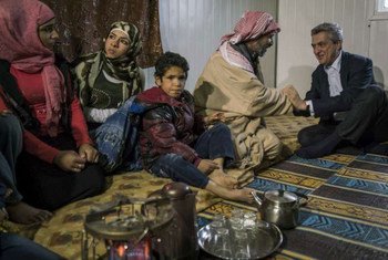 UN High Commissioner for Refugees Filippo Grandi meets with a family at Za’atari Refugee Camp, Jordan.