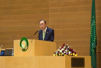 من الأرشيف: أمين عام للأمم المتحدة بان كي مون أثناء زيارته لمقر الاتحاد الافريقي يناير الماضي. صو رالأمم المتحدة/Eskinder Debebe