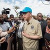 United Nations Secretary-General Ban Ki-moon (centre), accompanied by World Food Programme (WFP) Executive Director Ertharin Cousin (right), visited drought-affected Ziway Dugda Woreda, Oromia Region in Ethiopia.