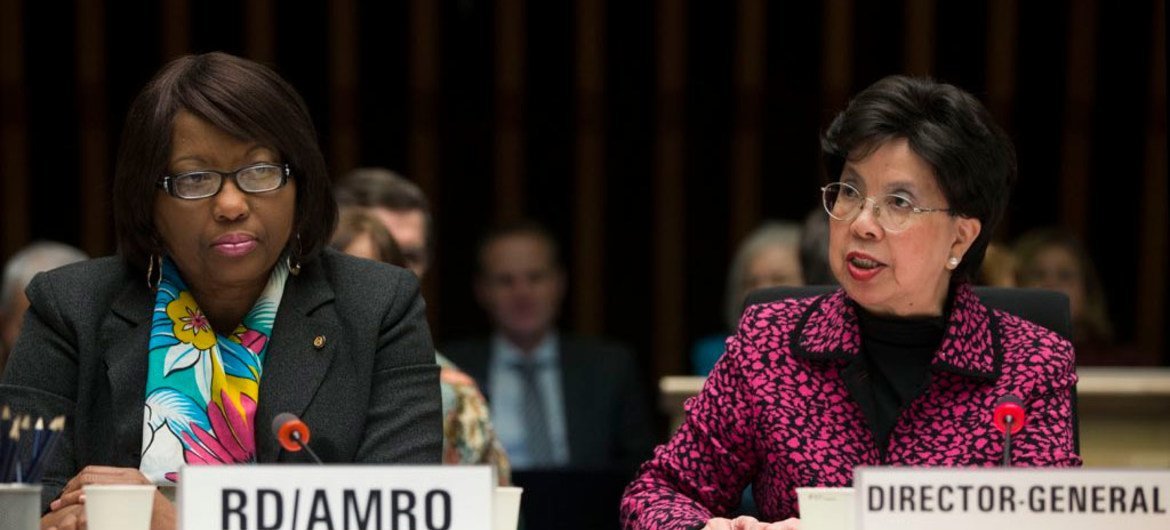 Director of the Pan American Health Organization (PAHO) Dr. Carissa F. Etienne (left), and World Health Organization (WHO) Director-General Dr. Margaret Chan, at WHO Executive Board meeting on Zika virus situation.