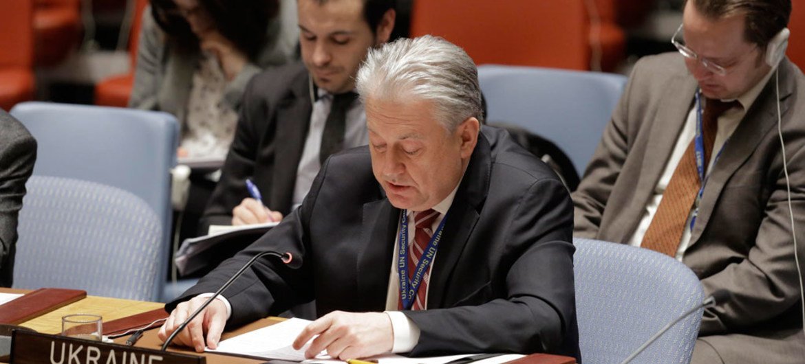 Постоянный представитель Украины при ООН  Владимир  Ельченко  выступает  в Совете Безопасности ООН. Фото  ООН