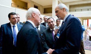 Special Envoy Staffan de Mistura (left) meets with Syria’s Ambassador to the UN in New York Bashar Ja’afari at the Intra-Syrian Geneva Talks 2016.