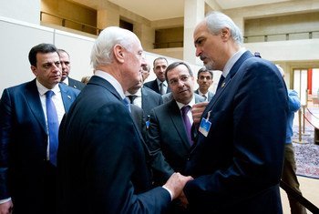 Special Envoy Staffan de Mistura (left) meets with Syria’s Ambassador to the UN in New York Bashar Ja’afari at the Intra-Syrian Geneva Talks 2016.