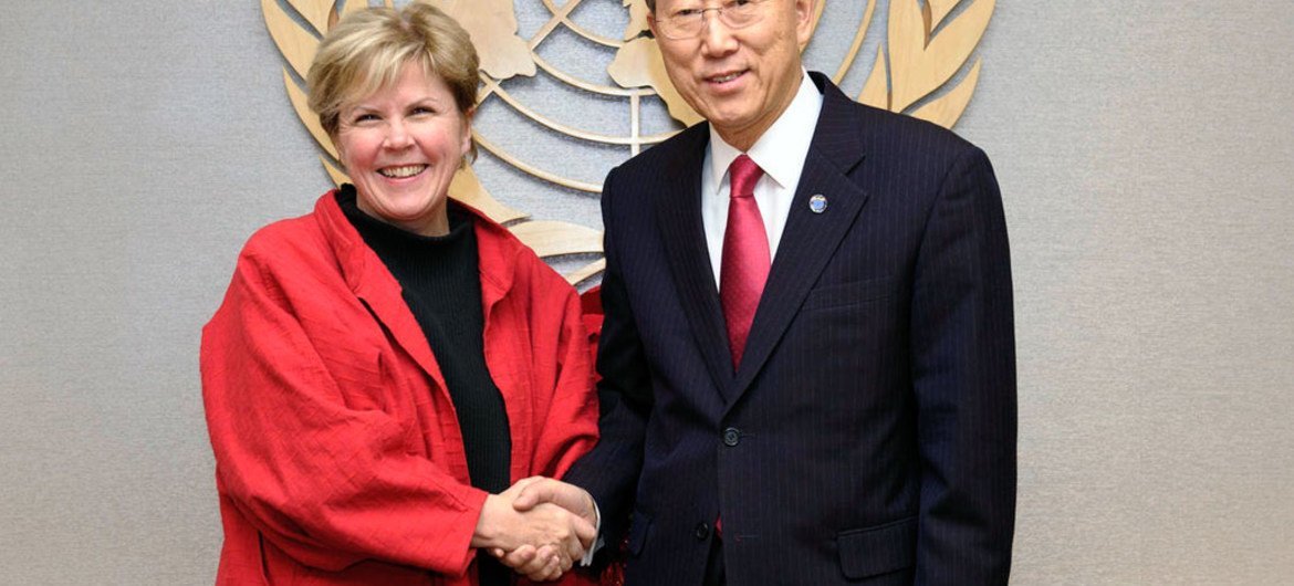Jane Holl Lute, newly-appointed Special Coordinator on improving the United Nations’ response to sexual exploitation and abuse, with Secretary-General Ban Ki-moon in December 2010.