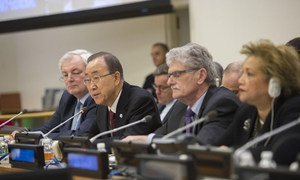 Secretary-General Ban Ki-moon (2nd from left) briefs the General Assembly on his World Humanitarian Summit report. Also pictured (from left): OCHA's Stephen O'Brien, General Assembly President Mogens Lykketoft and Catherine Pollard, USG for General Assembly and Conference Management.
