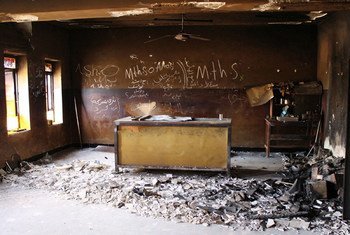 A destroyed classroom at Gerver Secondary School in Ninewa Governorate, Iraq. Much of the school was damaged when the area was occupied by militants in 2015. UNICEF/UNI199916/Jemelikova