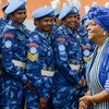 Then President Ellen Johnson-Sirleaf with members of the all-female Indian Formed Police Unit serving with the UN Mission in Liberia. (file)
