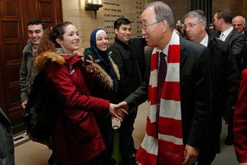 In Canada, Secretary-General Ban Ki-moon shakes hands with students at McGill University, where he delivered a lecture.