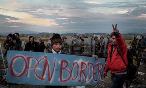 In November 2015, refugees and migrants protest border restrictions near the Greek town of Idomeni, close to the border with the former Yugoslav Republic of Macedonia.