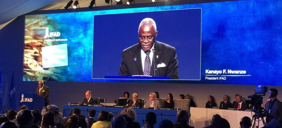 President of the UN International Fund for Agricultural Development (IFAD) Kanayo F. Nwanze (on screen), addresses the agency’s annual Governing Council in Rome.