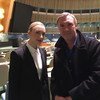 Actress Saoirse Ronan and UN Radio producer Matt Wells in the General Assembly ahead of her participation in a podcast recording.