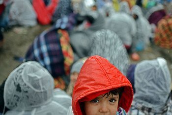 A young child, amongst other Afghan refugees, waits for a permission to cross the border to Serbia from Tabanovce in the Former Yugoslav Republic of Macedonia.