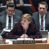美国常驻联合国代表鲍尔3月2日在安理会通过制裁朝鲜新决议后发言。联合国/Mark Garten