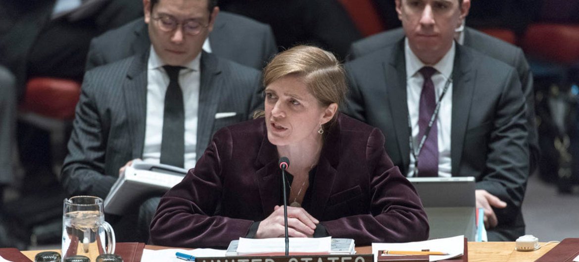 美国常驻联合国代表鲍尔3月2日在安理会通过制裁朝鲜新决议后发言。联合国/Mark Garten