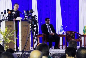 Secretary-General Ban Ki-moon delivers his keynote address at a Peace and Security in the Sahel Region event in Nouakchott, Mauritania.