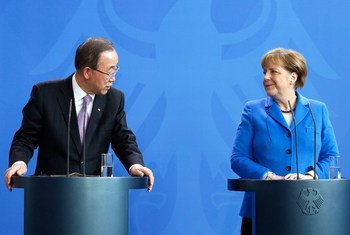 Secretary-General Ban Ki-moon (left) with Angela Merkel, Chancellor of Germany, during their joint press conference in Berlin.