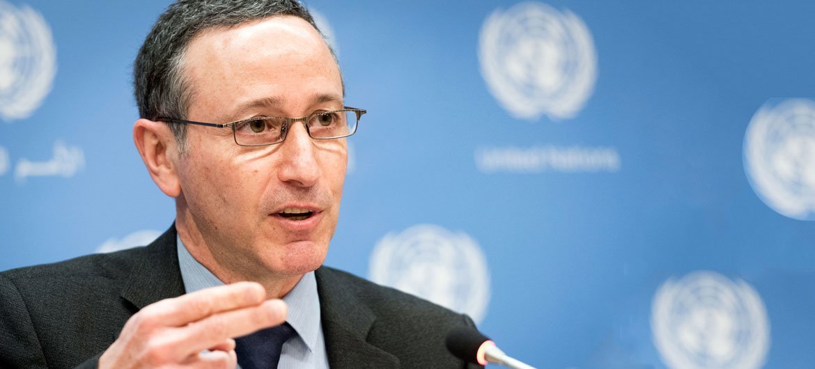 Robert Glasser, Special Representative of the Secretary-General for Disaster Risk Reduction, briefs on disaster trends and losses in 2015 during a press conference in New York in February 2016.