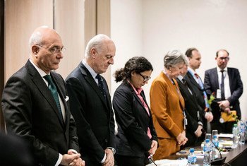 Special Envoy for Syria Staffan de Mistura (2nd left) and the delegation of the High Negotiations Committee (HNC), observe a minute of silence.