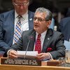 Special Representative of the Secretary-General speaks at a podium during a UN Security Council meeting in New York.