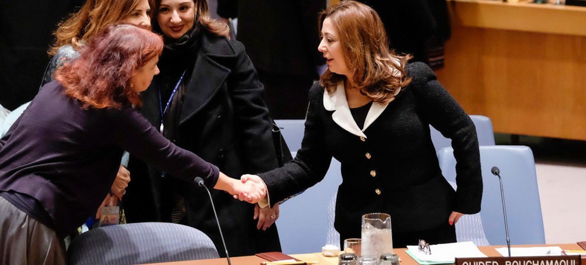 Raimonda Murmokaite greets Ouided Bouchamaoui (right), President of the Tunisian Confederation of Industry, Trade and Handicrafts and co-winner of the 2015 Nobel Peace Prize as a member of the Tunisian National Dialogue Quartet.