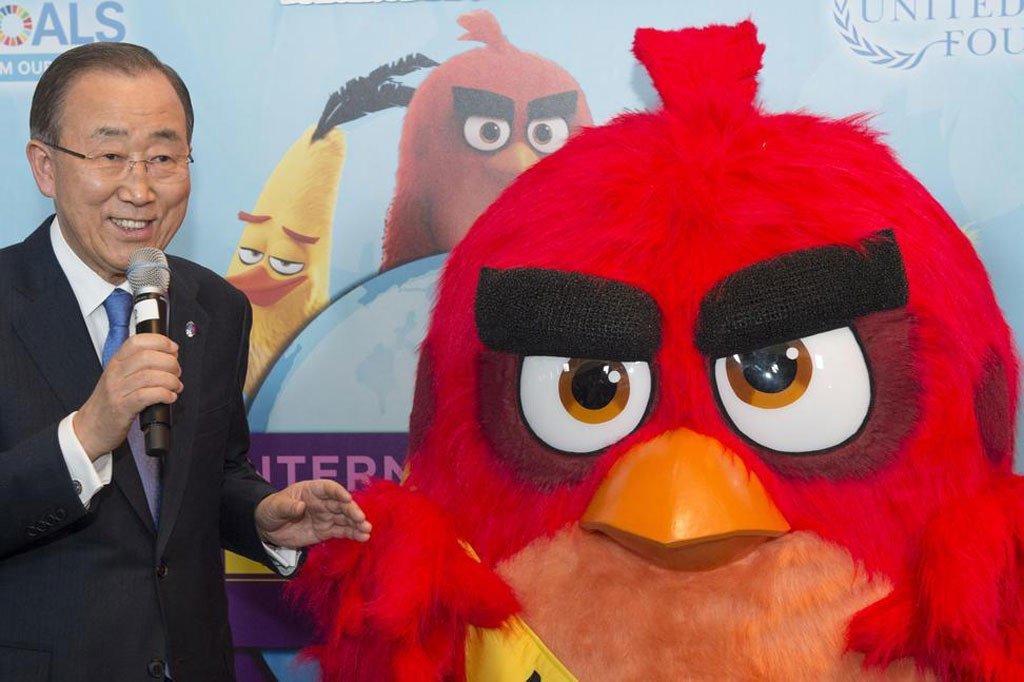 Secretary-General Ban Ki-moon with Red from the ‘Angry Birds’ who was appointed Honorary Ambassador for International Day of Happiness.
