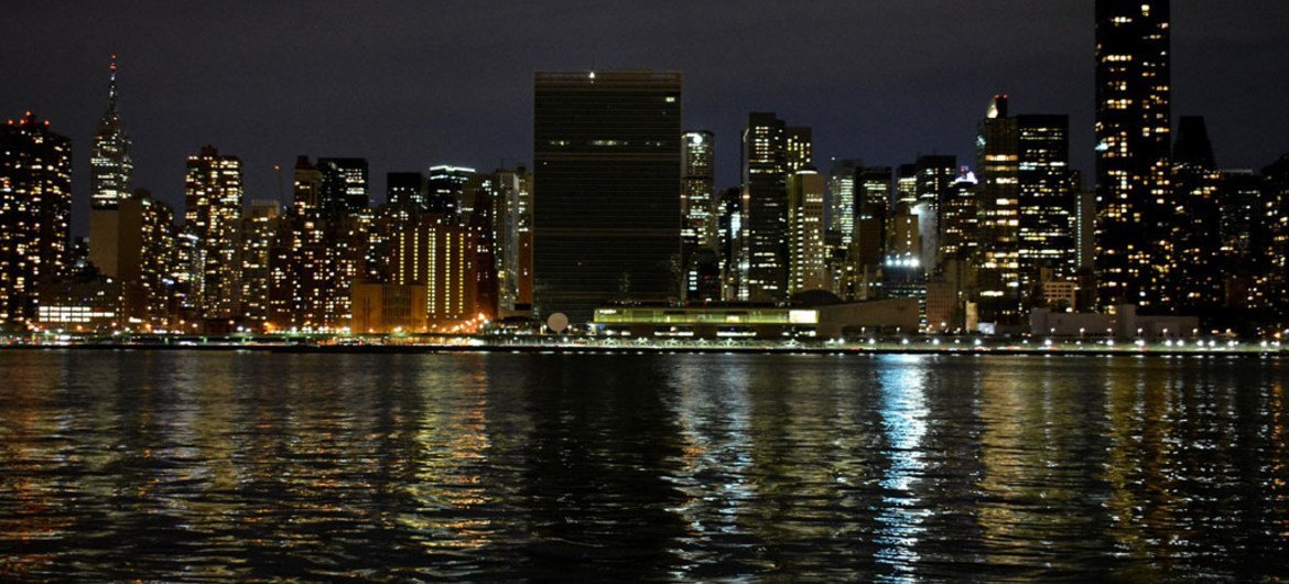 Lights dimmed at UN Headquarters to observe Earth Hour in 2016.