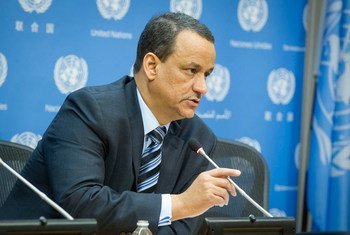 L'Envoyé spécial du Secrétaire général pour le Yémen, Ismail Ould Cheikh Ahmed, informe les médias. Photo : ONU / Loey Felipe
