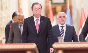 In Baghdad, (from left to right) the President of the Islamic Development Bank, Ahmed Mohamed Ali Al-Madani, the United Nations Secretary-General, Ban Ki-moon, and the Prime Minister of the Republic of Iraq, Haider Al-Abadi, arrive at a press conference. 26 March, 2016.