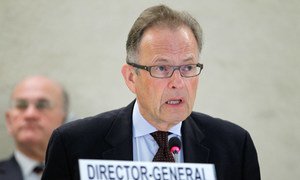 Director-General of United Nations Office of Geneva (UNOG) Michael Møller addresses the conference on Preventing Violent Extremism, at the Palais des Nations.