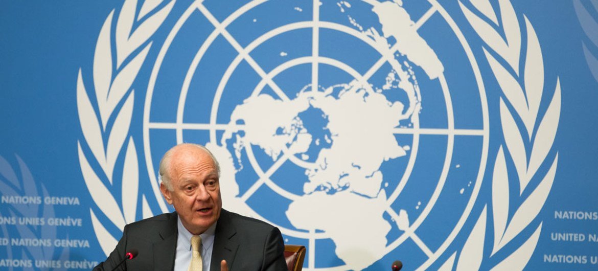 UN Special Envoy for Syria Staffan de Mistura speaks to the press, following a meeting of the Humanitarian Access Task Force, in Geneva, Switzerland.