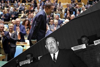 Secretary-General Ban Ki-moon bows to the General Assembly after his re-appointment in 2011 as the eighth Secretary-General (top). The first Secretary-General Trygve Lie speaks at the Palais des Nations in Geneva, 1950.