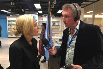 Actress Gillian Anderson speaking to Matt Wells of UN Radio at UN Headquarters for the podcast series: The Lid is On.
