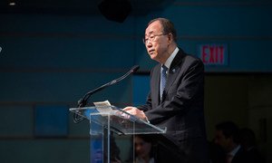 Secretary-General Ban Ki-moon addresses a conference on Forced Displacement: A Global Challenge, at the World Bank in Washington DC.