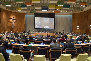 A wide view of the Trusteeship Council Chamber as Secretary-General Ban Ki-moon addresses the 2016 Economic and Social Council (ECOSOC) meeting on Financing for Development Follow-up.