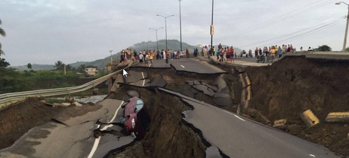 A collapsed roadway following the devastating 7.8 magnitude earthquake that hit the coast of Ecuador on 16 April 2016.