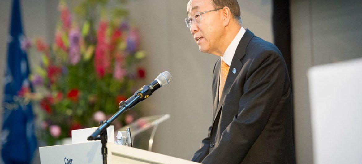Secretary-General Ban Ki-moon speaks at the opening of the Permanent Premises of the International Criminal Court (ICC), in The Hague, Netherlands.